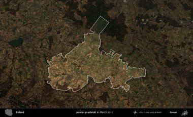 powiat prudnicki. Polonya 'nın idari alanı, Mart 2022' de çekilen Kopernik Nöbetçi karolarından oluşan koyu renkli bir uydu görüntüsü üzerine vurgulandı ve özetlendi.