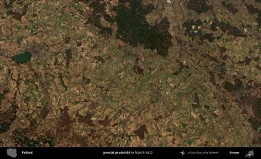 powiat prudnicki. Copernicus Sentinel 'in Mart 2022' de çekilmiş uydu görüntüsü üzerine Polonya 'nın idari bölgesi.