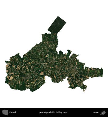 powiat prudnicki. Polonya 'nın idari bölgesi, Mayıs 2023' te çekilen Kopernik Nöbetçi Fayanslarından oluşan bir uydu görüntüsüyle beyaza izole edildi.