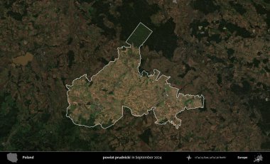 powiat prudnicki. Polonya 'nın idari alanı, Eylül 2024' te çekilen Kopernik Nöbetçi karolarından oluşan koyu renkli bir uydu görüntüsü üzerine vurgulandı ve özetlendi