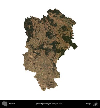 powiat przasnyski. Polonya idari bölgesi, Nisan 2018 'de çekilen Kopernik Nöbetçi karolarından oluşan bir uydu görüntüsü üzerinde beyaza izole edildi.