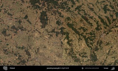 powiat przasnyski. Nisan 2018 'de çekilen Kopernik Sentinel karolarından oluşan bir uydu görüntüsü üzerine Polonya' nın idari bölgesi