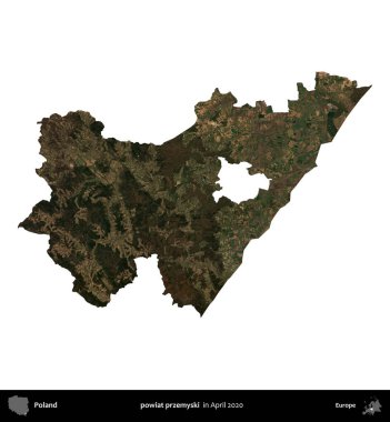 powiat przemyski. Polonya idari bölgesi, Nisan 2020 'de çekilen Kopernik Nöbetçi karolarından oluşan bir uydu görüntüsü üzerinde beyaza izole edildi.