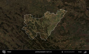 powiat przemyski. Polonya 'nın idari alanı, Nisan 2020' de çekilen Kopernik Nöbetçi karolarından oluşan koyu renkli bir uydu görüntüsü üzerine vurgulandı ve özetlendi