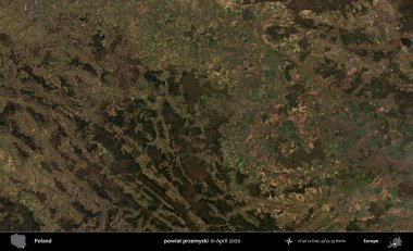powiat przemyski. Nisan 2020 'de Copernicus Sentinel karolarından oluşan bir uydu görüntüsü üzerine Polonya' nın idari bölgesi