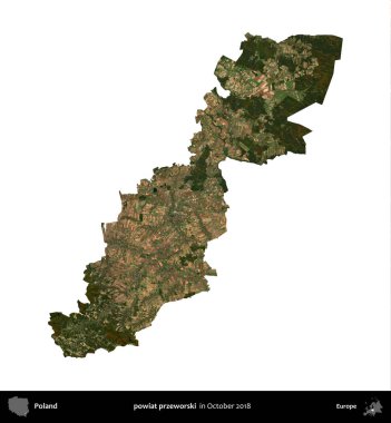 powiat przeworski. Polonya idari bölgesi, Ekim 2018 'de çekilen Kopernik Nöbetçi karolarından oluşan bir uydu görüntüsü üzerinde beyaza izole edildi.