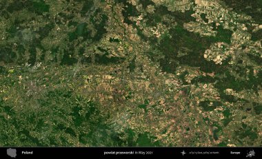 powiat przeworski. Copernicus Sentinel 'in Mayıs 2021' de çekilmiş uydu görüntüsü üzerine Polonya 'nın idari bölgesi.