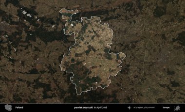 powiat przysuski. Polonya 'nın idari alanı, Nisan 2018' de çekilen Kopernik Nöbetçi karolarından oluşan koyu renkli bir uydu görüntüsü üzerine vurgulandı ve özetlendi
