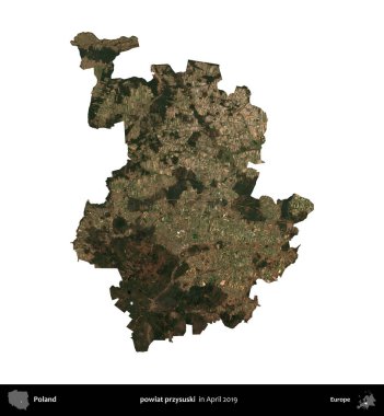 powiat przysuski. Polonya idari bölgesi, Nisan 2019 'da çekilen Kopernik Nöbetçi karolarından oluşan bir uydu görüntüsü üzerinde beyaza izole edildi.