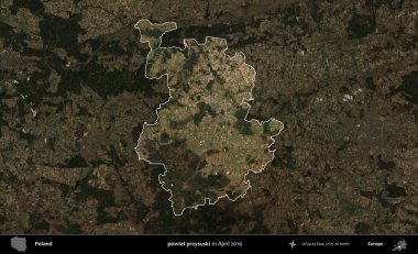 powiat przysuski. Polonya 'nın idari alanı, Nisan 2019' da çekilen Kopernik Nöbetçi karolarından oluşan koyu renkli bir uydu görüntüsü üzerine vurgulandı ve özetlendi.