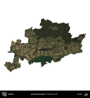 powiat pszczynski. Polonya idari bölgesi, Ekim 2018 'de çekilen Kopernik Nöbetçi karolarından oluşan bir uydu görüntüsü üzerinde beyaza izole edildi.