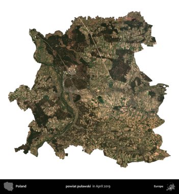 powiat pulawski. Polonya idari bölgesi, Nisan 2019 'da çekilen Kopernik Nöbetçi karolarından oluşan bir uydu görüntüsü üzerinde beyaza izole edildi.