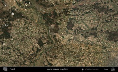 powiat pulawski. Nisan 2019 'da çekilen Kopernik Sentinel karolarından oluşan bir uydu görüntüsü üzerine Polonya' nın idari bölgesi