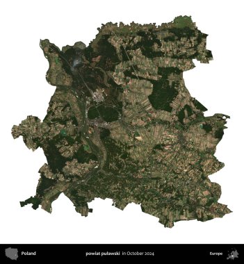 powiat pulawski. Polonya idari bölgesi, Ekim 2024 'te çekilen Kopernik Nöbetçi karolarından oluşan bir uydu görüntüsü üzerinde beyaza izole edildi.