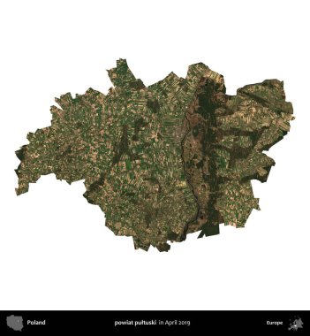 powiat pultuski. Polonya idari bölgesi, Nisan 2019 'da çekilen Kopernik Nöbetçi karolarından oluşan bir uydu görüntüsü üzerinde beyaza izole edildi.