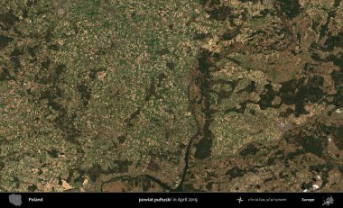 powiat pultuski. Nisan 2019 'da çekilen Kopernik Sentinel karolarından oluşan bir uydu görüntüsü üzerine Polonya' nın idari bölgesi