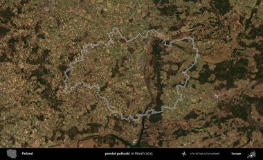 powiat pultuski. Polonya 'nın idari bölgesinin ana hatları, Mart 2025' te çekilen Kopernik Nöbetçi karolarından oluşan bir uydu görüntüsü üzerine çizildi.
