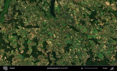 powiat pyrzycki. Copernicus Sentinel 'in Haziran 2018' de çekilmiş uydu görüntüsü üzerine Polonya 'nın idari bölgesi