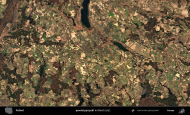 powiat pyrzycki. Copernicus Sentinel 'in Mart 2022' de çekilmiş uydu görüntüsü üzerine Polonya 'nın idari bölgesi.