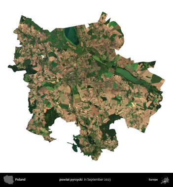 powiat pyrzycki. Polonya idari bölgesi, Eylül 2023 'te çekilen Kopernik Nöbetçi karolarından oluşan bir uydu görüntüsü üzerinde beyaza izole edildi.