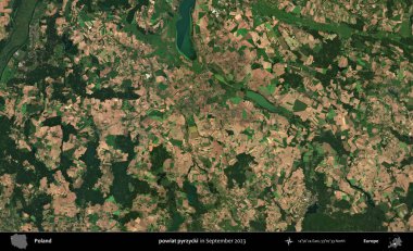 powiat pyrzycki. Eylül 2023 'te Copernicus Sentinel karolarından oluşan uydu görüntüsü üzerine Polonya' nın idari bölgesi