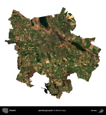 powiat pyrzycki. Polonya idari bölgesi, Mart 2025 'te çekilen Kopernik Nöbetçi karolarından oluşan bir uydu görüntüsü üzerinde beyaza izole edildi.