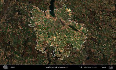 powiat pyrzycki. Polonya 'nın idari alanı, Mart 2025' te çekilen Kopernik Nöbetçi karolarından oluşan koyu renkli bir uydu görüntüsü üzerine vurgulandı ve özetlendi