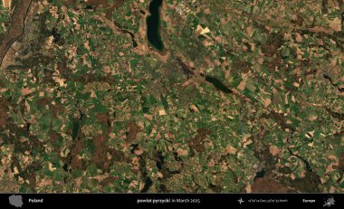 powiat pyrzycki. Copernicus Sentinel 'in Mart 2025' te çekilmiş uydu görüntüsü üzerine Polonya 'nın idari bölgesi