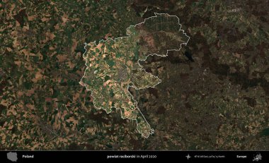 powiat raciborski. Polonya 'nın idari alanı, Nisan 2020' de çekilen Kopernik Nöbetçi karolarından oluşan koyu renkli bir uydu görüntüsü üzerine vurgulandı ve özetlendi