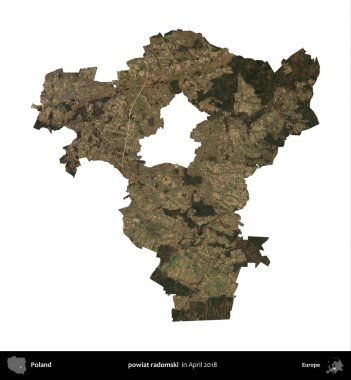 powiat radomski. Polonya idari bölgesi, Nisan 2018 'de çekilen Kopernik Nöbetçi karolarından oluşan bir uydu görüntüsü üzerinde beyaza izole edildi.