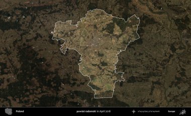 powiat radomski. Polonya 'nın idari alanı, Nisan 2018' de çekilen Kopernik Nöbetçi karolarından oluşan koyu renkli bir uydu görüntüsü üzerine vurgulandı ve özetlendi