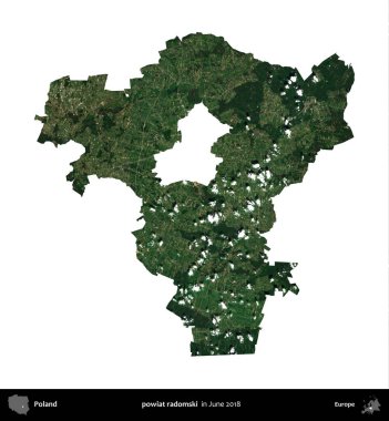 powiat radomski. Polonya idari bölgesi, Haziran 2018 'de çekilen Kopernik Nöbetçi karolarından oluşan bir uydu görüntüsü üzerinde beyaza izole edildi.