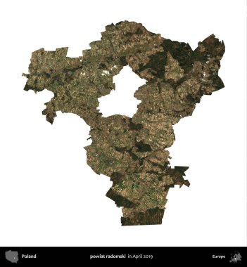 powiat radomski. Polonya idari bölgesi, Nisan 2019 'da çekilen Kopernik Nöbetçi karolarından oluşan bir uydu görüntüsü üzerinde beyaza izole edildi.