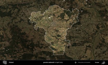 powiat radomski. Polonya 'nın idari alanı, Nisan 2019' da çekilen Kopernik Nöbetçi karolarından oluşan koyu renkli bir uydu görüntüsü üzerine vurgulandı ve özetlendi.