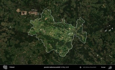 powiat radomszczanski. Polonya 'nın idari alanı, Mayıs 2018' de çekilen Kopernik Nöbetçi karolarından oluşan koyu renkli bir uydu görüntüsüyle vurgulandı ve özetlendi