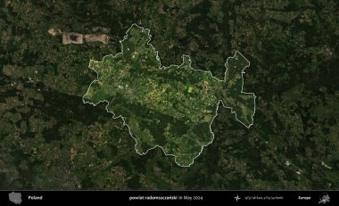 powiat radomszczanski. Polonya 'nın idari alanı, Mayıs 2024' te çekilen Kopernik Nöbetçi karolarından oluşan koyu renkli bir uydu görüntüsü üzerinde vurgulandı ve özetlendi.