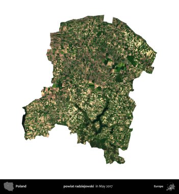 powiat radziejowski. Polonya idari bölgesi, Mayıs 2017 'de çekilen Kopernik Nöbetçi karolarından oluşan bir uydu görüntüsü üzerinde beyaza izole edildi.