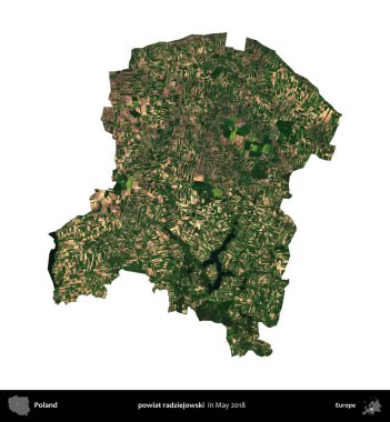 powiat radziejowski. Polonya 'nın idari bölgesi, Mayıs 2018' de çekilen Kopernik Nöbetçi Fayanslarından oluşan bir uydu görüntüsü üzerinde beyaza izole edildi.