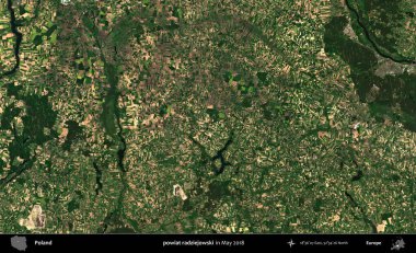 powiat radziejowski. Copernicus Sentinel 'in Mayıs 2018' de çekilmiş uydu görüntüsü üzerine Polonya 'nın idari bölgesi.