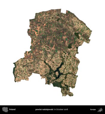 powiat radziejowski. Polonya idari bölgesi, Ekim 2018 'de çekilen Kopernik Nöbetçi karolarından oluşan bir uydu görüntüsü üzerinde beyaza izole edildi.
