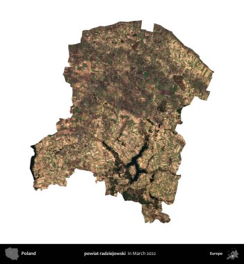 powiat radziejowski. Polonya idari bölgesi, Mart 2022 'de çekilen Kopernik Nöbetçi karolarından oluşan bir uydu görüntüsü üzerinde beyaza izole edildi.