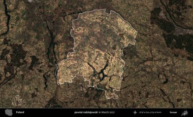 powiat radziejowski. Polonya 'nın idari alanı, Mart 2022' de çekilen Kopernik Nöbetçi karolarından oluşan koyu renkli bir uydu görüntüsü üzerine vurgulandı ve özetlendi.