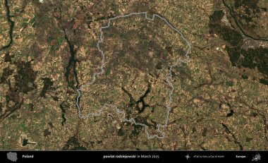 powiat radziejowski. Polonya 'nın idari bölgesinin ana hatları, Mart 2025' te çekilen Kopernik Nöbetçi karolarından oluşan bir uydu görüntüsü üzerine çizildi.