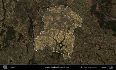 powiat radziejowski. Polonya 'nın idari alanı, Mart 2025' te çekilen Kopernik Nöbetçi karolarından oluşan koyu renkli bir uydu görüntüsü üzerine vurgulandı ve özetlendi
