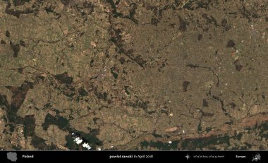 powiat rawski. Nisan 2018 'de çekilen Kopernik Sentinel karolarından oluşan bir uydu görüntüsü üzerine Polonya' nın idari bölgesi