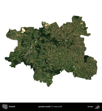 powiat rawski. Polonya idari bölgesi, Haziran 2018 'de çekilen Kopernik Nöbetçi karolarından oluşan bir uydu görüntüsü üzerinde beyaza izole edildi.