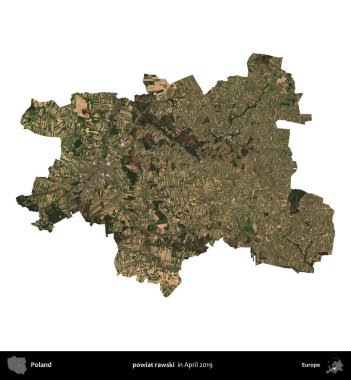 powiat rawski. Polonya idari bölgesi, Nisan 2019 'da çekilen Kopernik Nöbetçi karolarından oluşan bir uydu görüntüsü üzerinde beyaza izole edildi.