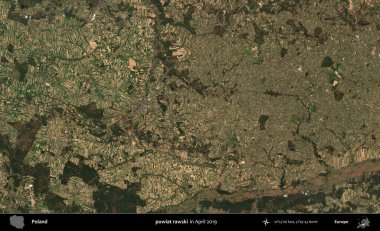 powiat rawski. Nisan 2019 'da çekilen Kopernik Sentinel karolarından oluşan bir uydu görüntüsü üzerine Polonya' nın idari bölgesi