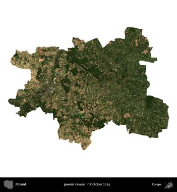 powiat rawski. Polonya idari bölgesi, Ekim 2024 'te çekilen Kopernik Nöbetçi karolarından oluşan bir uydu görüntüsü üzerinde beyaza izole edildi.