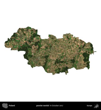 powiat rawicki. Polonya 'nın idari bölgesi, Ekim 2017' de çekilen Kopernik Nöbetçi karolarından oluşan bir uydu görüntüsü üzerinde beyaza izole edildi.